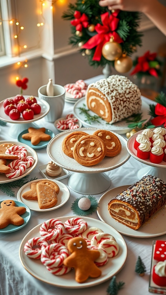 A festive Christmas dessert table with various holiday treats and decorations.